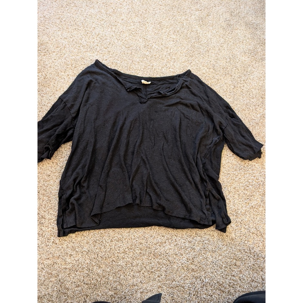We The Free Free People Black Linen Cotton Slub Oversized Top XL Boho Scoop Neck